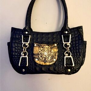 Debbie Brooks Black Croc-Embossed Leather Handbag with Gold Accents